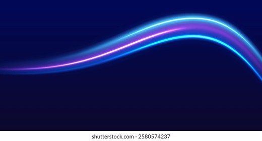 Lines in the shape of a comet against a dark background. Motion light effect for banners. Neon color glowing lines, high speed light trails effect. Purple glowing wave swirl, impulse cable lines.