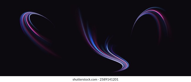 Lines in the shape of a comet against a dark background. Illustration of high speed concept. Motion light effect for banners. Fast speed car. Curved light trail stretched upwar