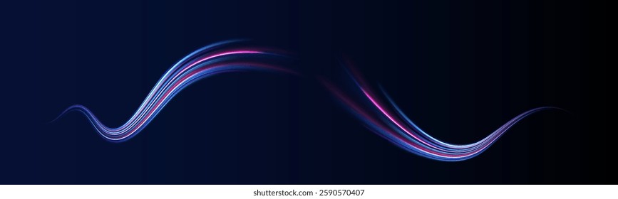 Lines in the shape of a comet against a dark background. Illustration of high speed concept. Motion light effect for banners. Fast speed car. Curved light trail stretched upwar