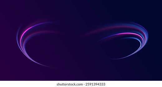 Lines in the shape of a comet against a dark background. Illustration of high speed concept. Motion light effect for banners. Fast speed car. Curved light trail stretched upwar