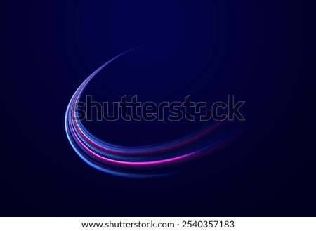 Lines in the shape of a comet against a dark background. Illustration of high speed concept. Motion light effect for banners. Fast speed car. Curved light trail stretched upward.