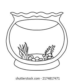 Lines In The Shape Of A Glass Jar For Raising Fish With Water, Rocks And Algae Inside.Isolated Vector Illustration On A White Background.