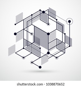 Lines and shapes abstract vector isometric 3D black and white background. Abstract scheme of engine or engineering mechanism. Layout of cubes, hexagons, squares, rectangles and different elements