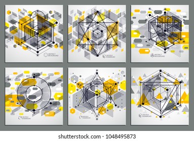 Lines and shapes abstract vector isometric 3D yellow backgrounds set. Abstract scheme of engine or engineering mechanism. Layout of cubes, hexagons, squares, rectangles and different elements.