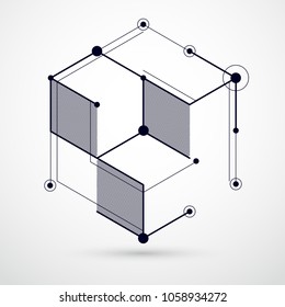 Lines and shapes abstract vector isometric 3D black and white background. Abstract scheme of engine or engineering mechanism. Layout of cubes, hexagons, squares, rectangles and different elements