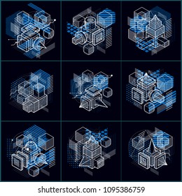 Lines and shapes abstract vector isometric 3d backgrounds. Layouts of cubes, hexagons, squares, rectangles and different abstract elements. Vector collection.