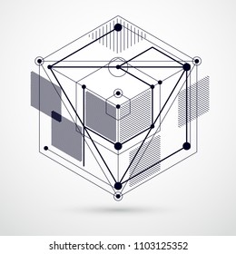 Lines and shapes abstract vector isometric 3D black and white background. Abstract scheme of engine or engineering mechanism. Layout of cubes, hexagons, squares, rectangles and different elements