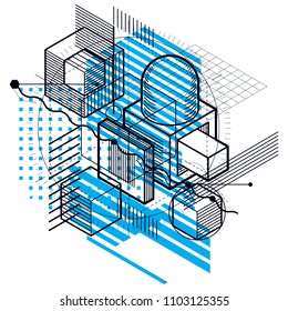 Lines and shapes abstract vector isometric 3d background. Layout of cubes, hexagons, squares, rectangles and different abstract elements.