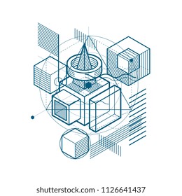 Lines and shapes abstract vector isometric 3d background. Layout of cubes, hexagons, squares, rectangles and different abstract elements.