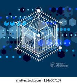 Lines and shapes abstract vector isometric 3D blue black background. Abstract scheme of engine or engineering mechanism. Layout of cubes, hexagons, squares, rectangles and different abstract elements.