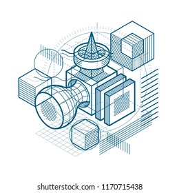 Lines and shapes abstract vector isometric 3d background. Layout of cubes, hexagons, squares, rectangles and different abstract elements.