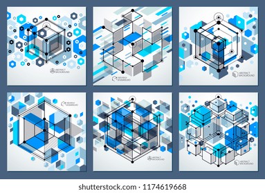 Lines and shapes abstract vector isometric 3D blue backgrounds set. Abstract scheme of engine or engineering mechanism. Layout of cubes, hexagons, squares, rectangles and different elements.