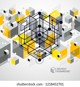 Lines and shapes abstract vector isometric 3D yellow background. Abstract scheme of engine or engineering mechanism. Layout of cubes, hexagons, squares, rectangles and different abstract elements.