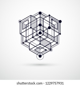 Lines and shapes abstract vector isometric 3D black and white background. Abstract scheme of engine or engineering mechanism. Layout of cubes, hexagons, squares, rectangles and different elements
