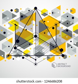 Lines and shapes abstract vector isometric 3D yellow background. Abstract scheme of engine or engineering mechanism. Layout of cubes, hexagons, squares, rectangles and different abstract elements.