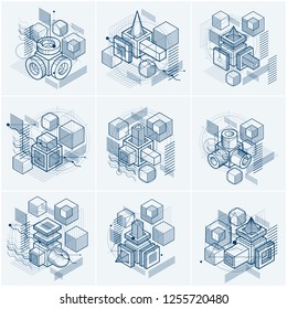 Lines and shapes abstract vector isometric 3d backgrounds. Layouts of cubes, hexagons, squares, rectangles and different abstract elements. Vector collection.