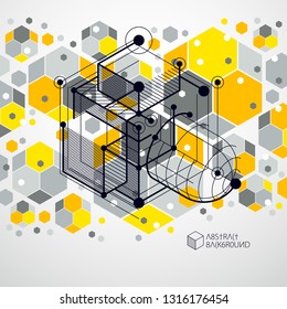 Lines and shapes abstract vector isometric 3D yellow background. Abstract scheme of engine or engineering mechanism. Layout of cubes, hexagons, squares, rectangles and different abstract elements.
