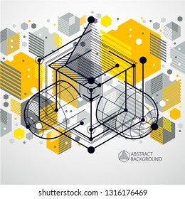 Lines and shapes abstract vector isometric 3D yellow background. Abstract scheme of engine or engineering mechanism. Layout of cubes, hexagons, squares, rectangles and different abstract elements.