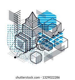Lines and shapes abstract vector isometric 3d background. Layout of cubes, hexagons, squares, rectangles and different abstract elements.