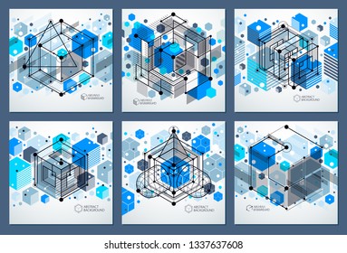 Lines and shapes abstract vector isometric 3D blue backgrounds set. Abstract scheme of engine or engineering mechanism. Layout of cubes, hexagons, squares, rectangles and different elements.