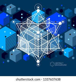 Lines and shapes abstract vector isometric 3D blue black background. Abstract scheme of engine or engineering mechanism. Layout of cubes, hexagons, squares, rectangles and different abstract elements.