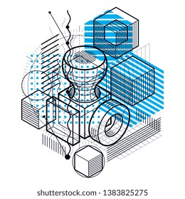 Lines and shapes abstract vector isometric 3d background. Layout of cubes, hexagons, squares, rectangles and different abstract elements.