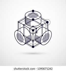 Lines and shapes abstract vector isometric 3D black and white background. Abstract scheme of engine or engineering mechanism. Layout of cubes, hexagons, squares, rectangles and different elements
