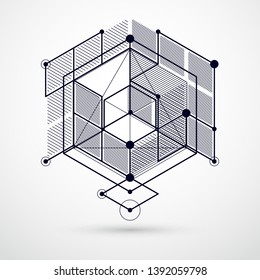 Lines and shapes abstract vector isometric 3D black and white background. Abstract scheme of engine or engineering mechanism. Layout of cubes, hexagons, squares, rectangles and different elements