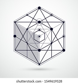 Lines and shapes abstract vector isometric 3D black and white background. Abstract scheme of engine or engineering mechanism. Layout of cubes, hexagons, squares, rectangles and different elements