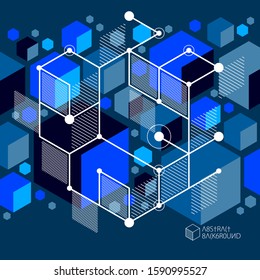 Lines and shapes abstract vector isometric 3D blue black background. Abstract scheme of engine or engineering mechanism. Layout of cubes, hexagons, squares, rectangles and different abstract elements.