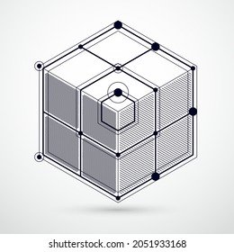 Lines and shapes abstract vector isometric 3D black and white background. Abstract scheme of engine or engineering mechanism. Layout of cubes, hexagons, squares, rectangles and different elements