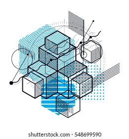 Lines and shapes abstract vector isometric 3d background. Layout of cubes, hexagons, squares, rectangles and different abstract elements.