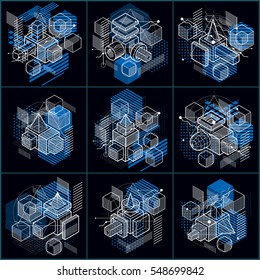 Lines and shapes abstract vector isometric 3d backgrounds. Layouts of cubes, hexagons, squares, rectangles and different abstract elements. Vector collection.