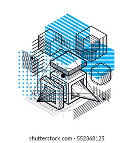 Lines and shapes abstract vector isometric 3d background. Layout of cubes, hexagons, squares, rectangles and different abstract elements.