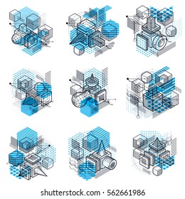 Lines and shapes abstract vector isometric 3d backgrounds. Layouts of cubes, hexagons, squares, rectangles and different abstract elements. Vector collection.