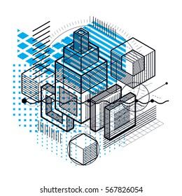 Lines and shapes abstract vector isometric 3d background. Layout of cubes, hexagons, squares, rectangles and different abstract elements.