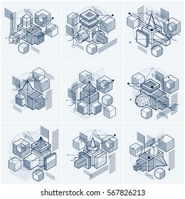 Lines and shapes abstract vector isometric 3d backgrounds. Layouts of cubes, hexagons, squares, rectangles and different abstract elements. Vector collection.
