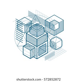 Lines and shapes abstract vector isometric 3d background. Layout of cubes, hexagons, squares, rectangles and different abstract elements.

