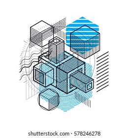 Lines and shapes abstract vector isometric 3d background. Layout of cubes, hexagons, squares, rectangles and different abstract elements.
