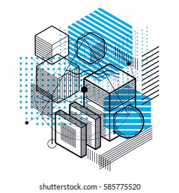 Lines and shapes abstract vector isometric 3d background. Layout of cubes, hexagons, squares, rectangles and different abstract elements.