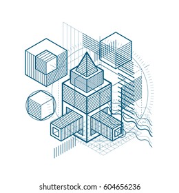 Lines and shapes abstract vector isometric 3d background. Layout of cubes, hexagons, squares, rectangles and different abstract elements.