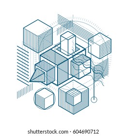 Lines and shapes abstract vector isometric 3d background. Layout of cubes, hexagons, squares, rectangles and different abstract elements.