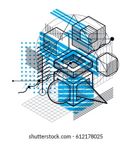 Lines and shapes abstract vector isometric 3d background. Layout of cubes, hexagons, squares, rectangles and different abstract elements.