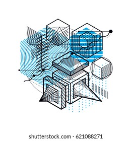 Lines and shapes abstract vector isometric 3d background. Layout of cubes, hexagons, squares, rectangles and different abstract elements.