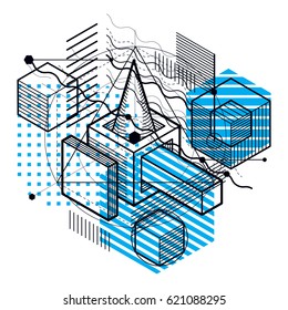 Lines and shapes abstract vector isometric 3d background. Layout of cubes, hexagons, squares, rectangles and different abstract elements.