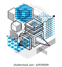 Lines and shapes abstract vector isometric 3d background. Layout of cubes, hexagons, squares, rectangles and different abstract elements.