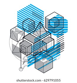 Lines and shapes abstract vector isometric 3d background. Layout of cubes, hexagons, squares, rectangles and different abstract elements.