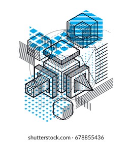 Lines and shapes abstract vector isometric 3d background. Layout of cubes, hexagons, squares, rectangles and different abstract elements.
