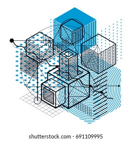 Lines and shapes abstract vector isometric 3d background. Layout of cubes, hexagons, squares, rectangles and different abstract elements.