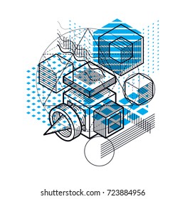 Lines and shapes abstract vector isometric 3d background. Layout of cubes, hexagons, squares, rectangles and different abstract elements.